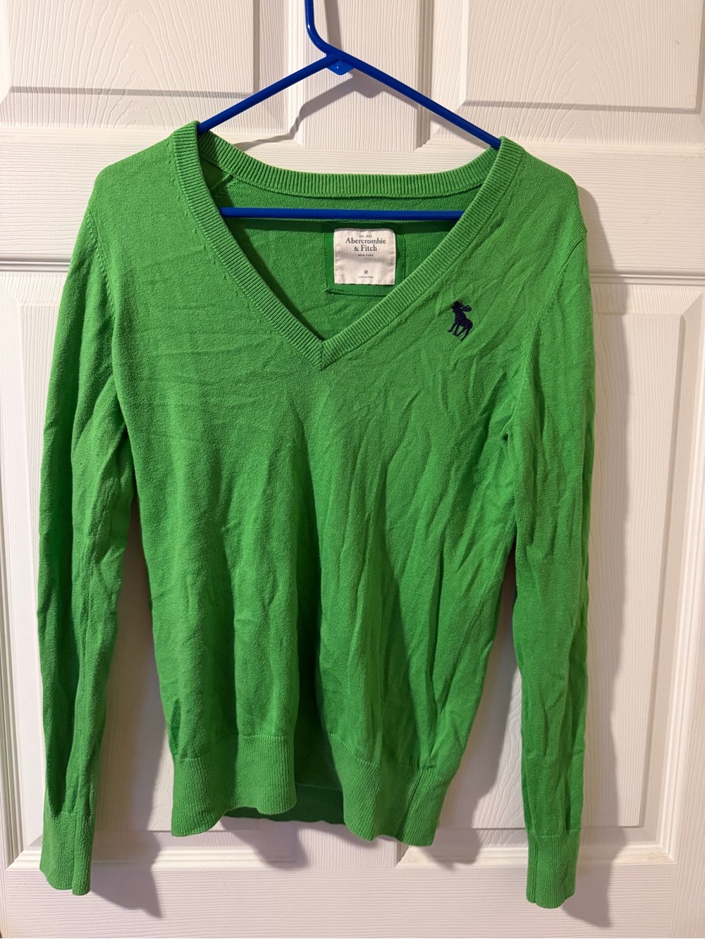 Abercrombie & Fitch Women's V-Neck Sweater - Bright Green with Navy Logo